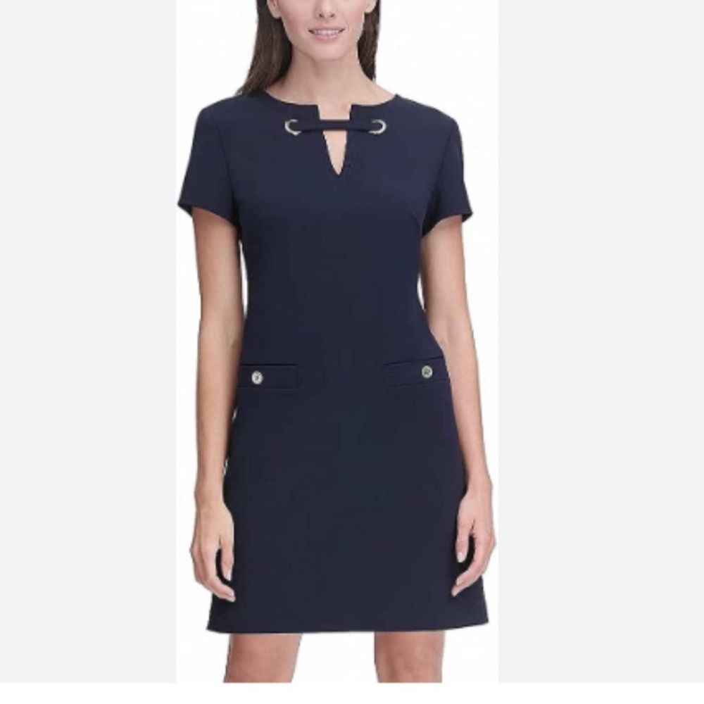 Tommy Hilfiger Navy Dress W/Gold Buttons & Grommets Two Front faux Pockets Sz 16
